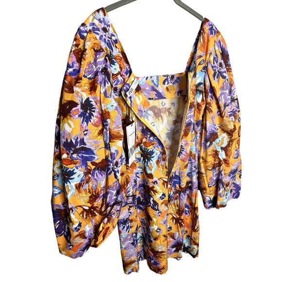 NWT Zara Camilla Puff Sleeve Mini Dress Size Medium Yellow Floral Long Sleeve - Picture 9 of 11